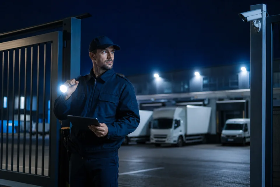 Agent de sécurité privée effectuant une ronde de surveillance de nuit sur un site professionnel