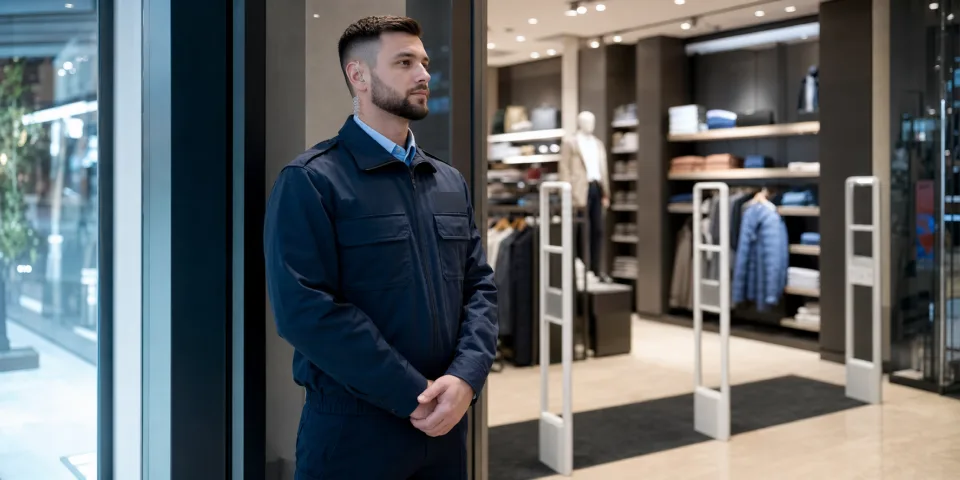 Agent de sécurité privée positionné à l’entrée d’un commerce avec portiques antivol